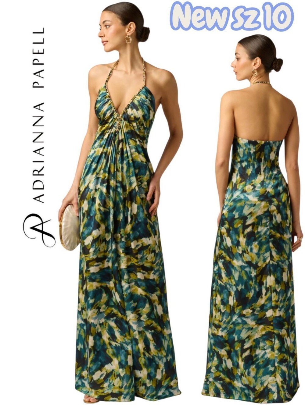 Adrianna Papell Printed Stretch Satin Chain Halter Gown Green Multi Color $299